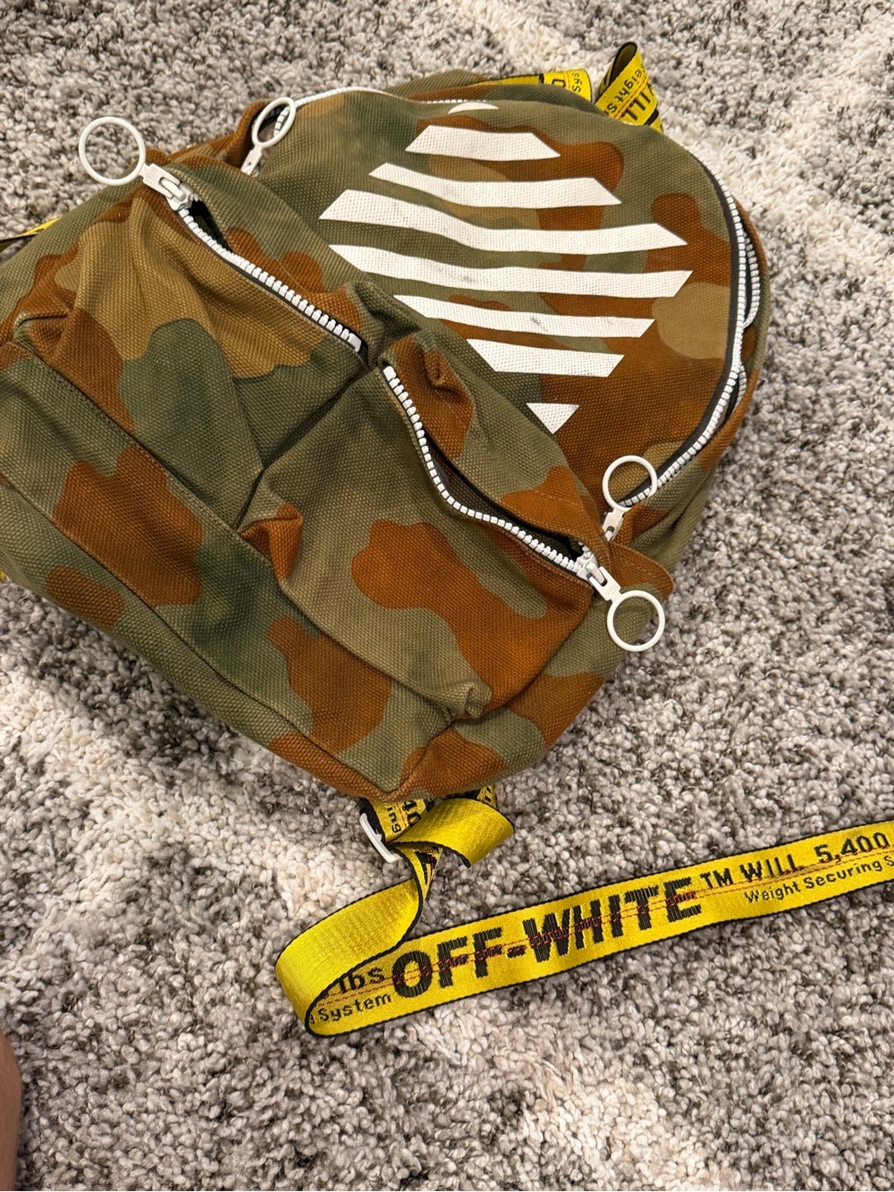 Off-White Camo Mini Backpack with Yellow Industrial Strap